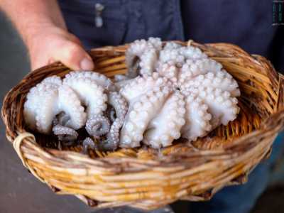 ...addirittura un polpo che offre crudo per un assaggio ai passanti